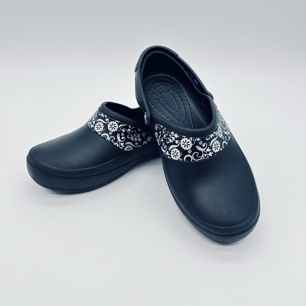 Crocs Womens Black Floral Neria Pro II Clog Shoes Size 9 Comfort Work Slip On